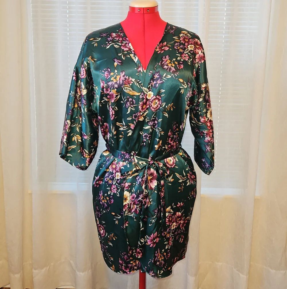 Katherine Bishop Floral Wrap Robe in Deep Green with Self-Tie Belt